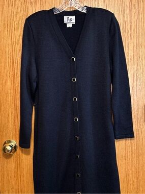 Mita Sweater Midi Dress Woman 12 Knit Long Sleeve Gold Buttons Working Girl